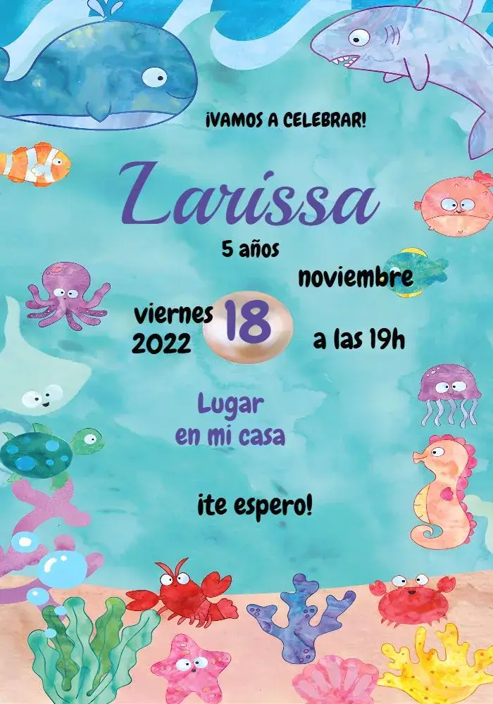 Invitación Fondo Del Mar Acuarela Infantil