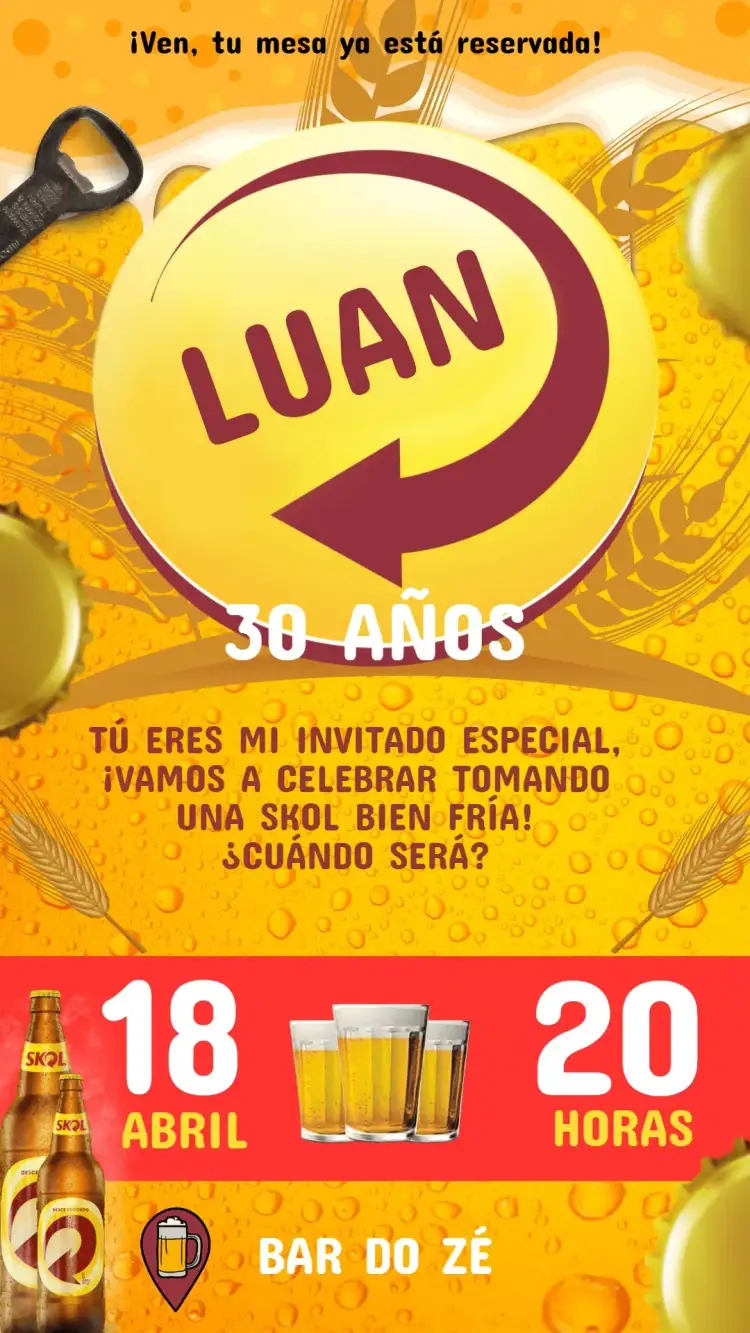 Invitación Invitación Cumpleaños Skol Cerveza – tema Cumpleaños colorido, divertido, moderno, joven, descontraído, temático