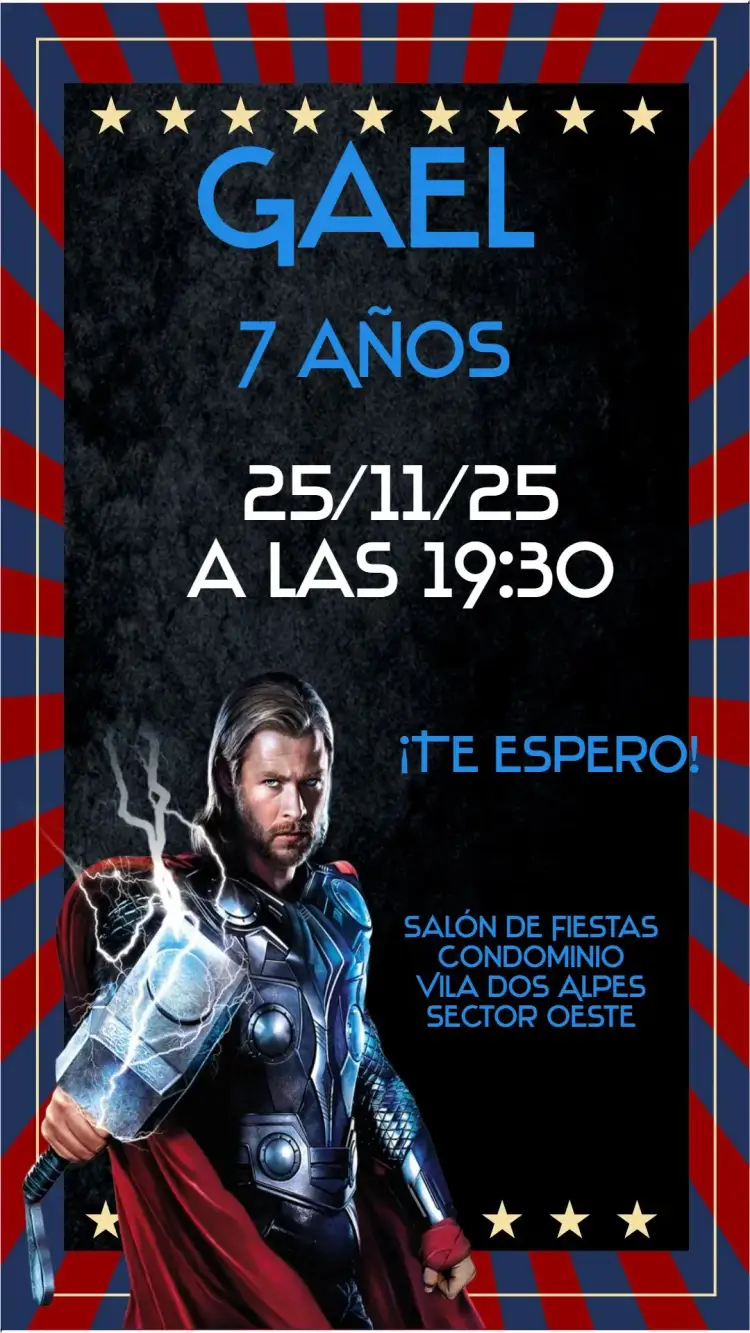 Invitación Thor – tema Cumpleaños Infantil superhéroe, acción, fantasía
