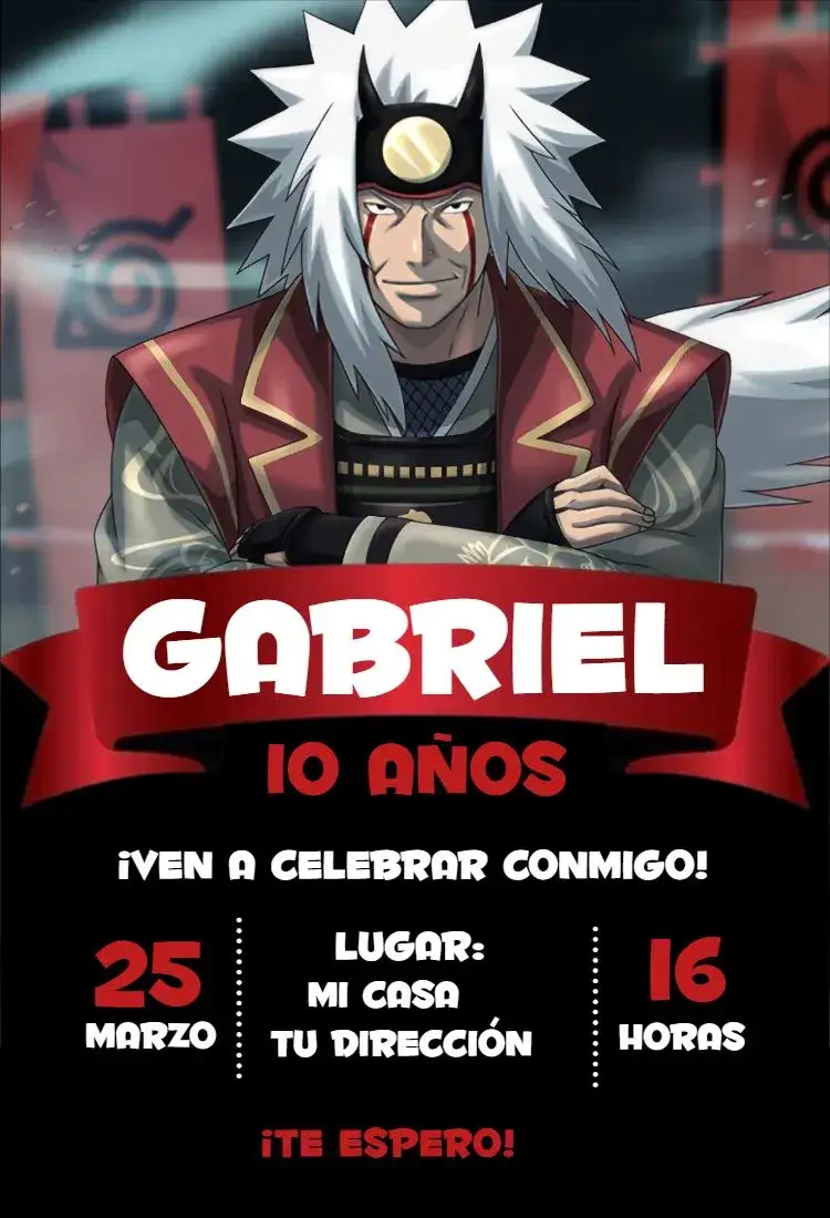 Invitación Jiraiya 2 – tema Cumpleaños Infantil colorido, temático, anime, divertido, moderno