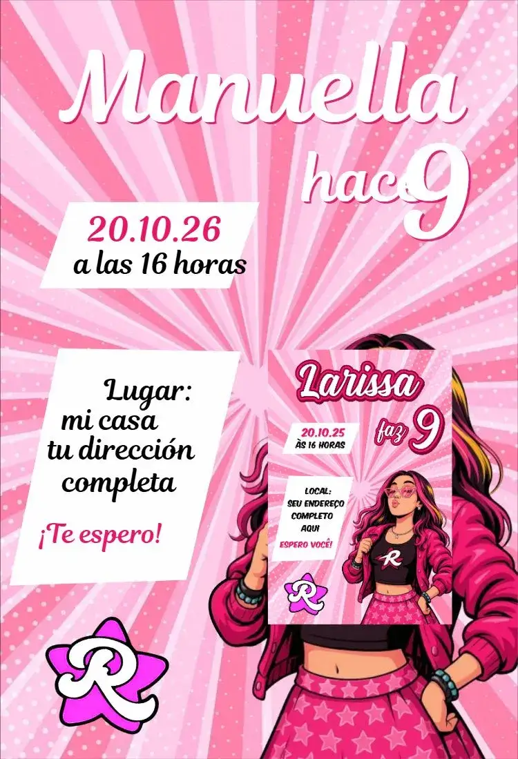 Invitación Emily Vick 2 – tema Cumpleaños rosa, divertido, lúdico, moderno, colorido