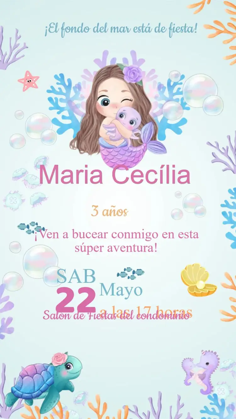 Invitación Cumpleaños Sirena Cute Fondo del Mar