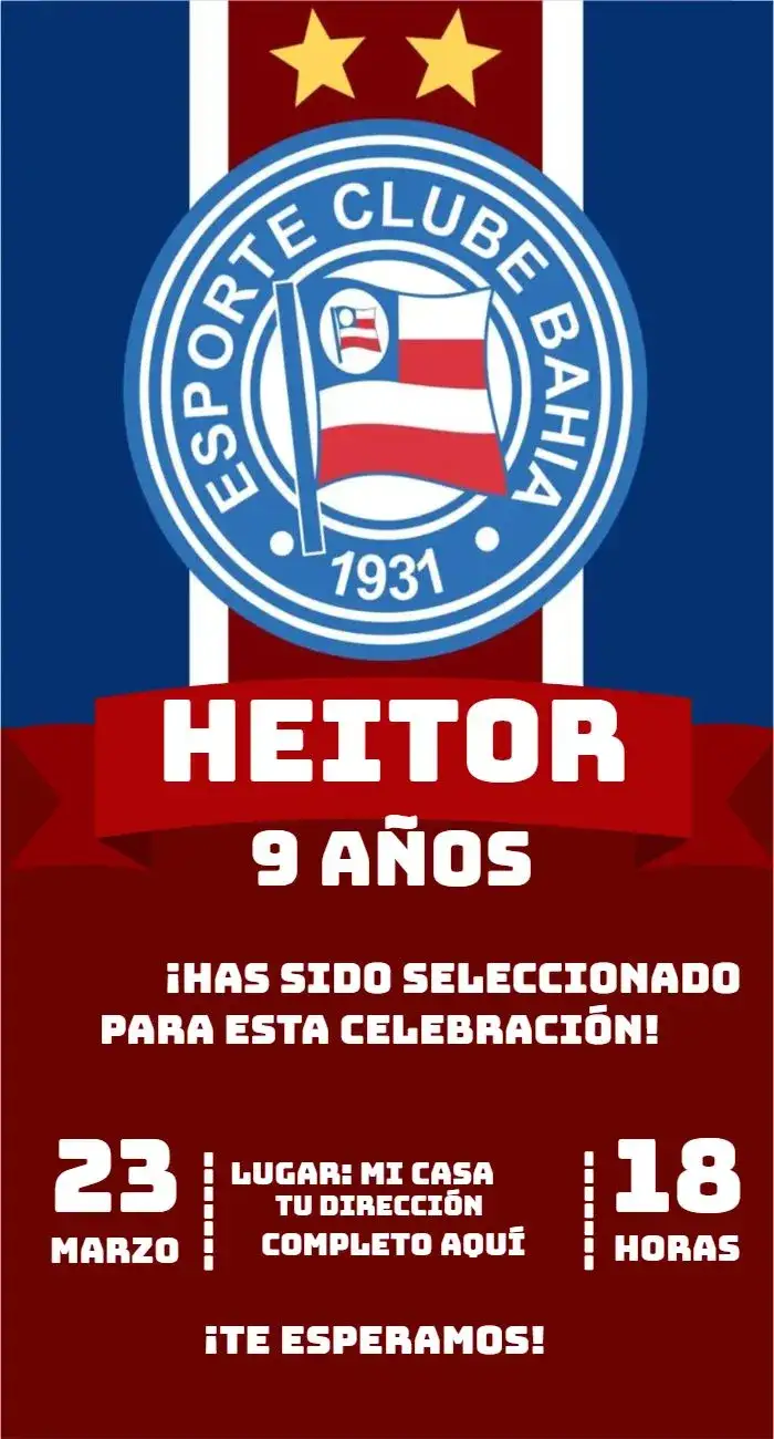 Invitación Esporte Clube Bahia 1 – tema Cumpleaños deportivo, vibrante, azul y rojo, moderno, divertido