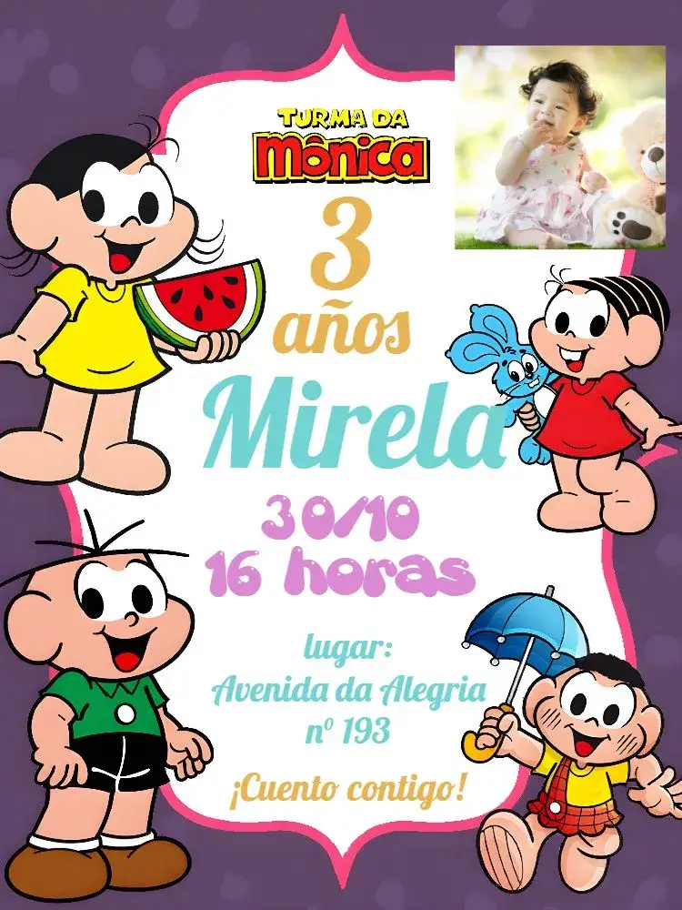Invitación Turma De Mónica Con Foto Azul editable y personalizable