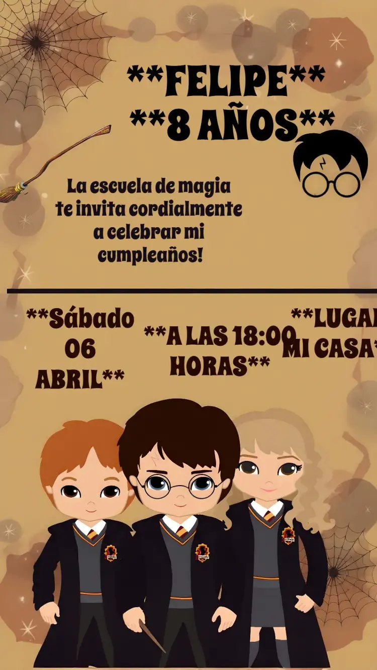 Invitación Harry Potter Hogwarts – tema Cumpleaños Infantil mágico, temático, colorido, fantasía, infantil