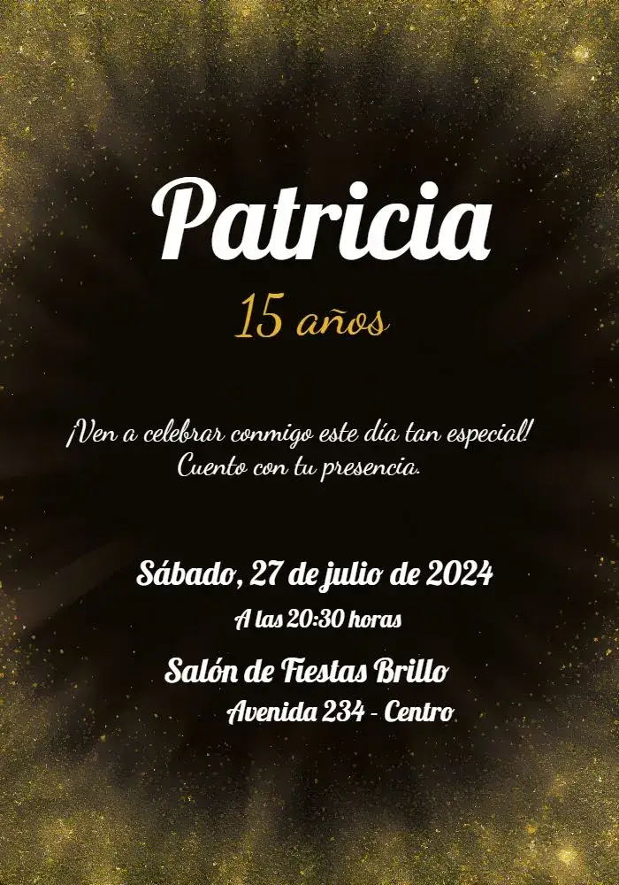 Invitación 15 Años Brillo Negro – tema Cumpleaños purpurina, lujoso, moderno, negro y dorado, fiesta elegante, diseño sofisticado