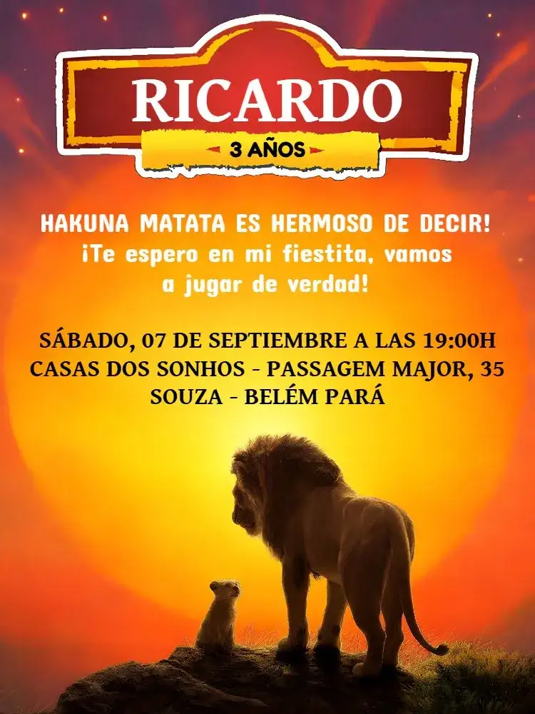 Invitación Rey León Naranja – tema Cumpleaños Infantil colorido, forestal, animales, vibrante, divertido, temático
