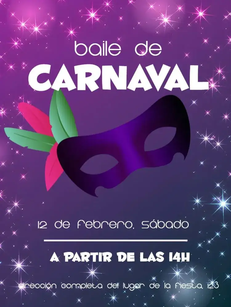 Invitación Baile De Carnaval Máscara – tema Fechas Conmemorativas carnaval, máscaras, púrpura y blanco, vibrante, festivo, divertido