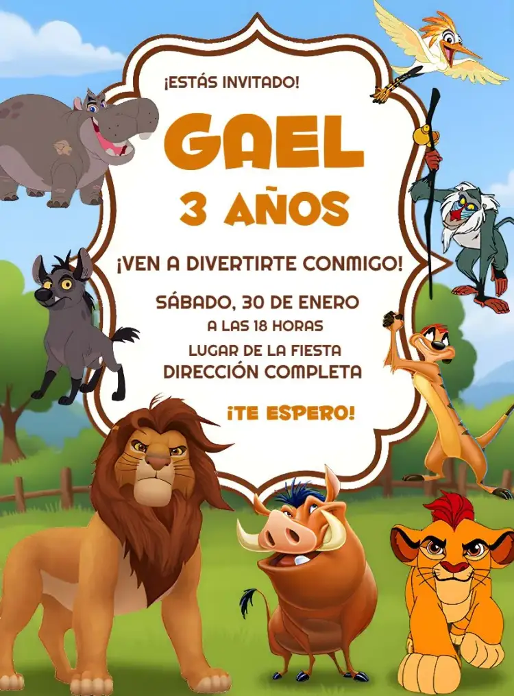 Invitación Rey León Pumba – tema Cumpleaños Infantil colorido, animales de la sabana, acuarela, divertido, tropical, ilustraciones infantiles