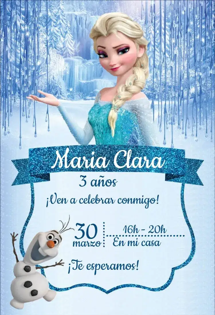 Invitación Elsa 1 – tema Cumpleaños azul claro, nieve, fantasía, ilustraciones coloridas, elementos de hielo, estilo lúdico