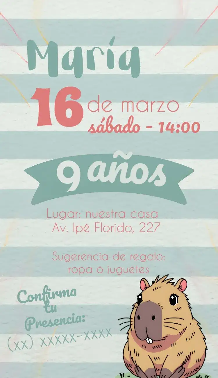 Invitación Capibara Niña – tema Cumpleaños Infantil colorido, alegre, floral, divertido, amigable, infantil