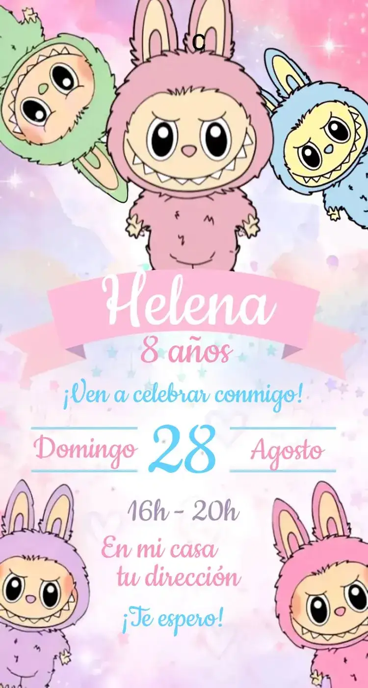 Invitación Labubu 1 – tema Cumpleaños rosa, lúdico, colorido, infantil, divertido, moderno