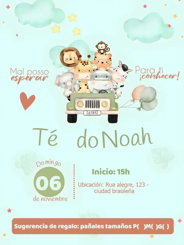 Invitación Baby Shower Safari – tema Baby Shower safari, animales, verde, marrón, aventura, natural
