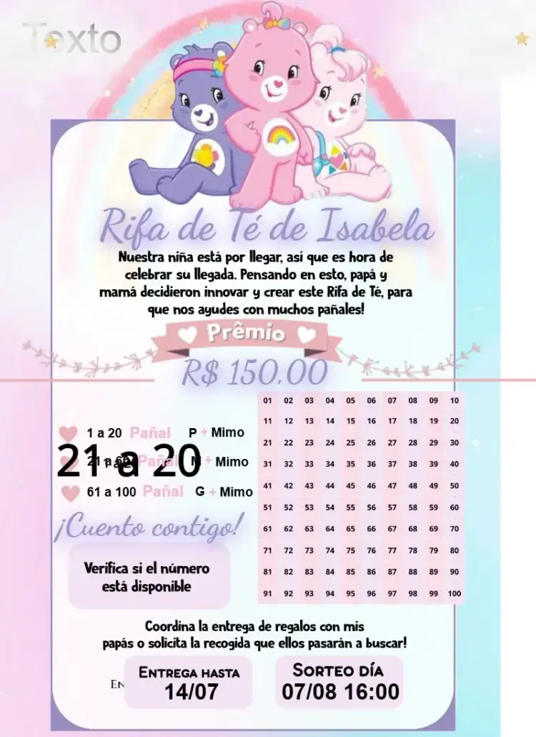 Invitación Ositos Cariñosos – tema Té Rifa colores suaves, estilo infantil, elementos gráficos de ositos, diseño alegre, temática de fiesta, visual cariñoso