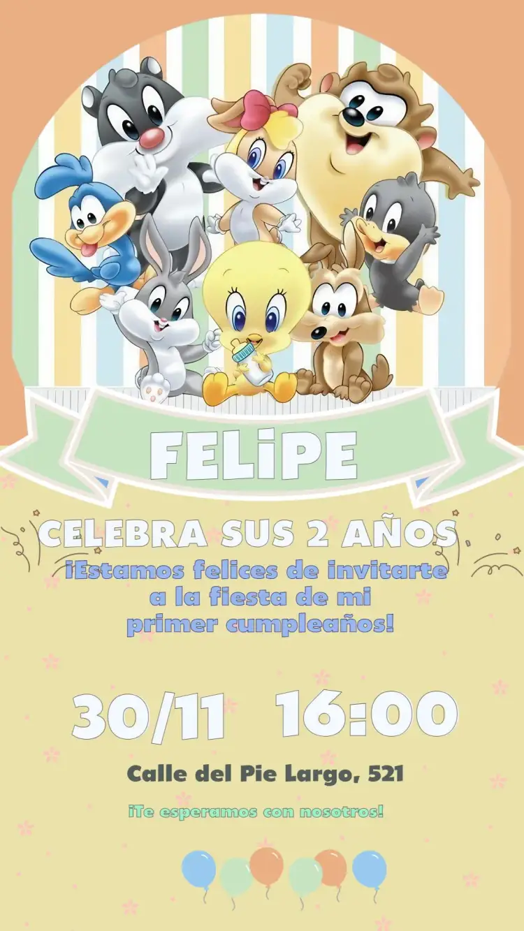 Invitación Invitación Lonney Tunnes Baby Larga – tema Más buscados colorido, divertido, infantil, ilustraciones de dibujos animados, juguetón, festivo
