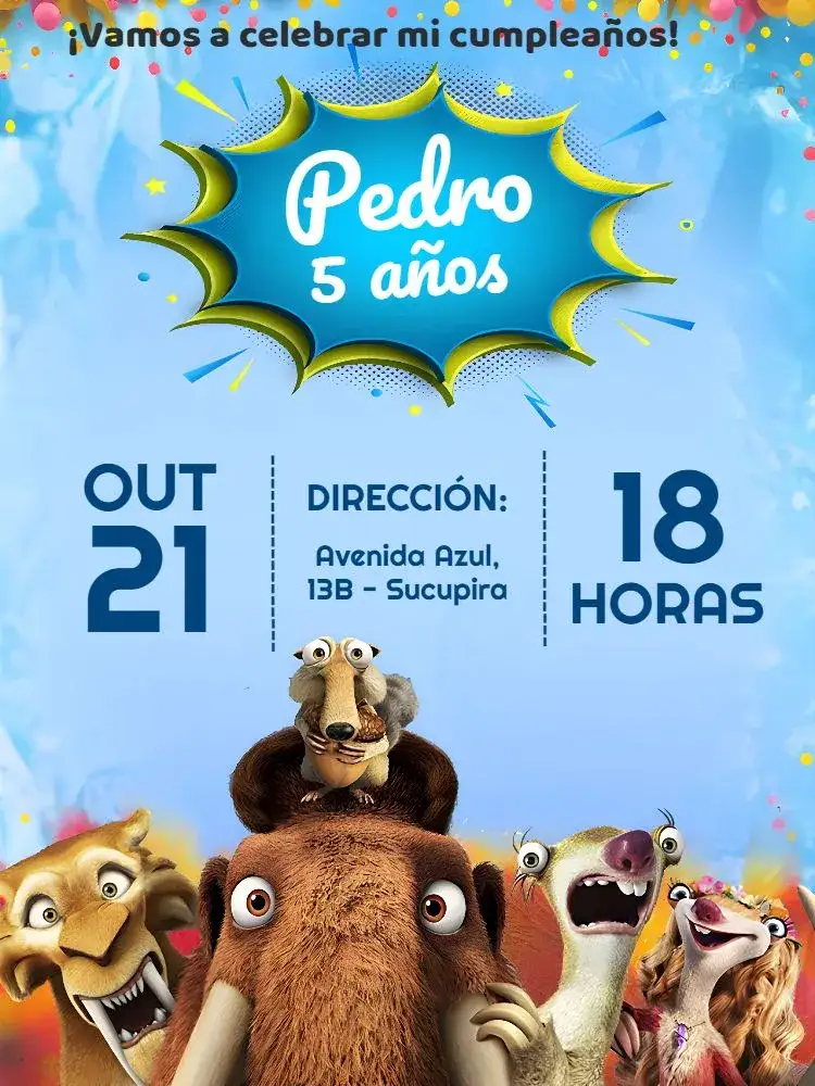 Invitación La Era Del Hielo Meni – tema Cumpleaños Infantil azul, tema de dibujos animados, elementos de hielo, divertido, colorido, infantil