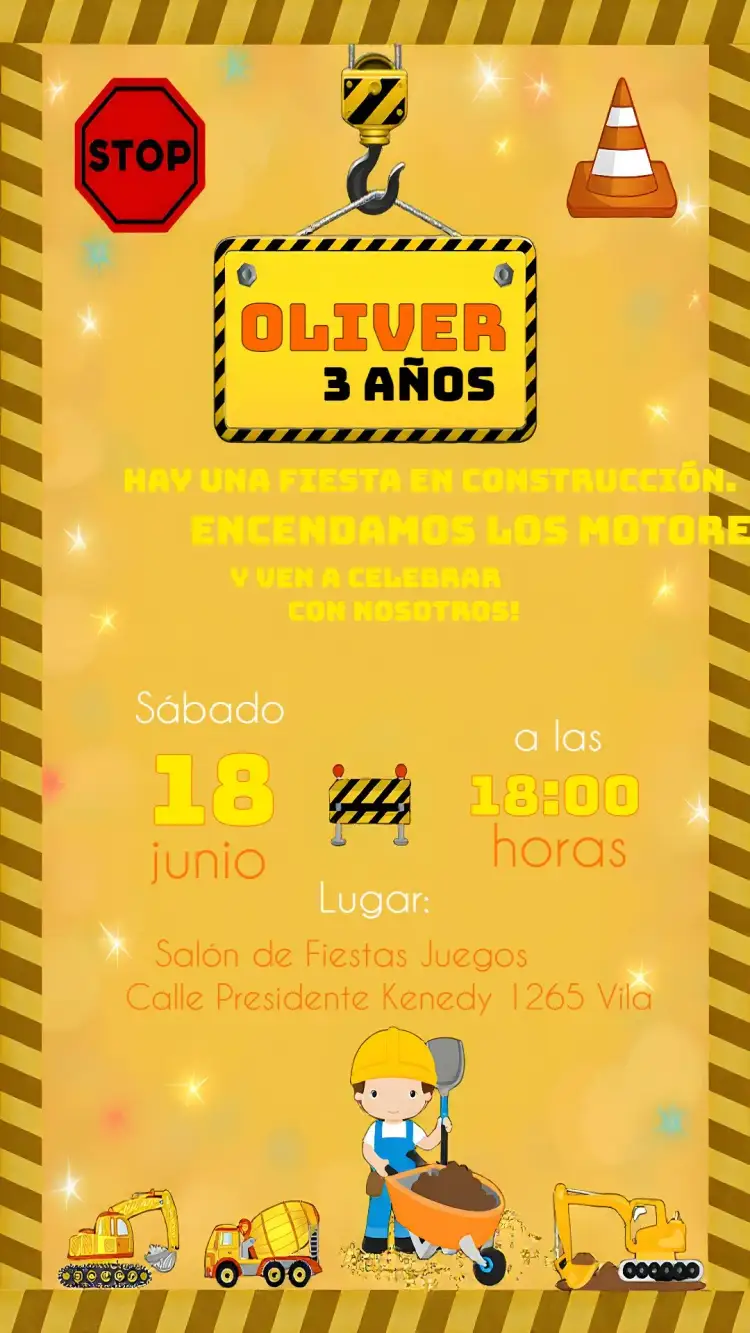 Invitación Construcción Tractor – tema Té Rifa colores vibrantes, estilo moderno, elementos gráficos de construcción, diseño divertido, tema infantil, estética lúdica