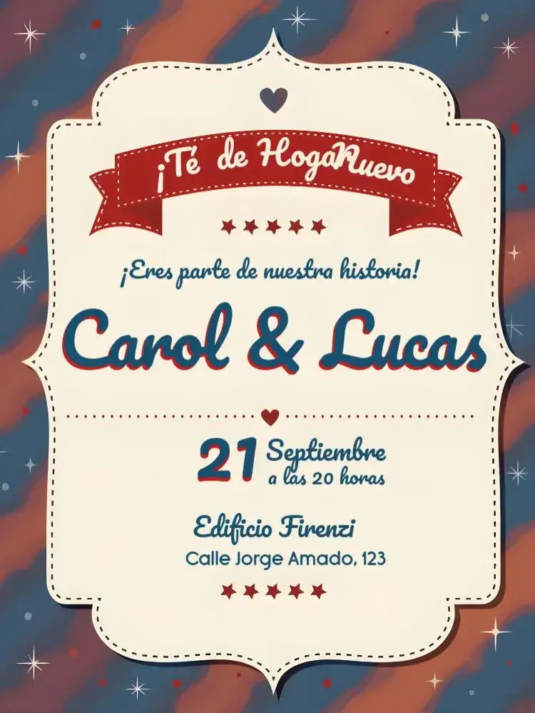 Invitación Té De Casa Nueva Vintage – tema Despedida de Soltera vintage, rojo y azul, elegante, romántico, clásico