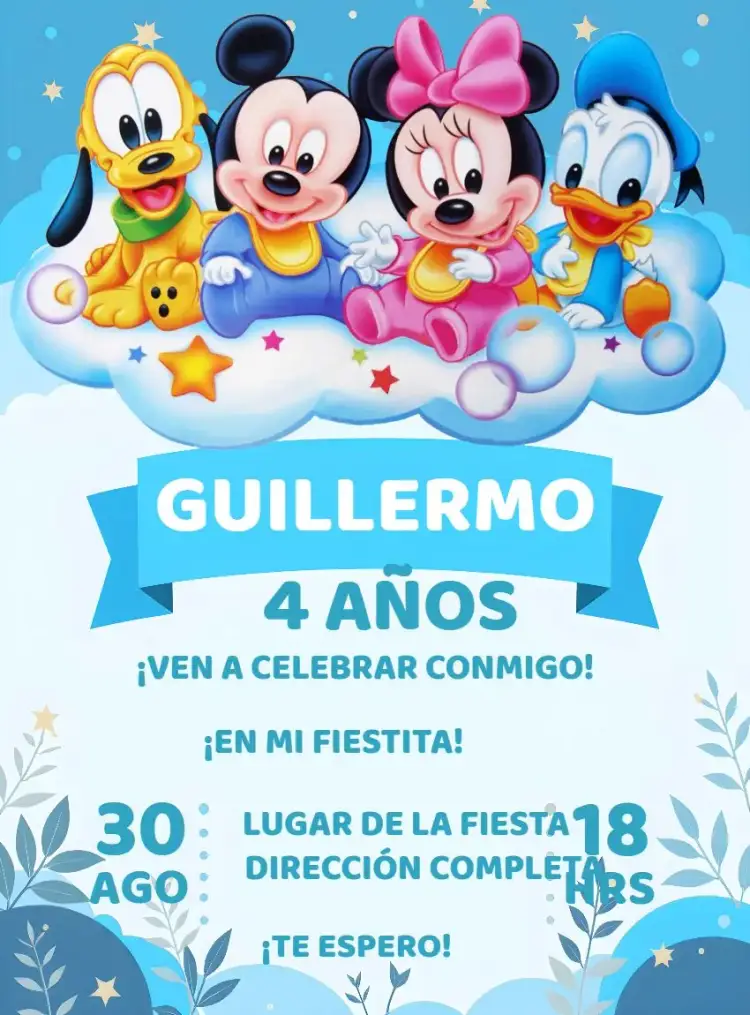 Invitación Turma Del Mickey Baby Azul – tema Cumpleaños Infantil azul claro, divertido, infantil, colorido, ilustraciones animadas, mickey mouse