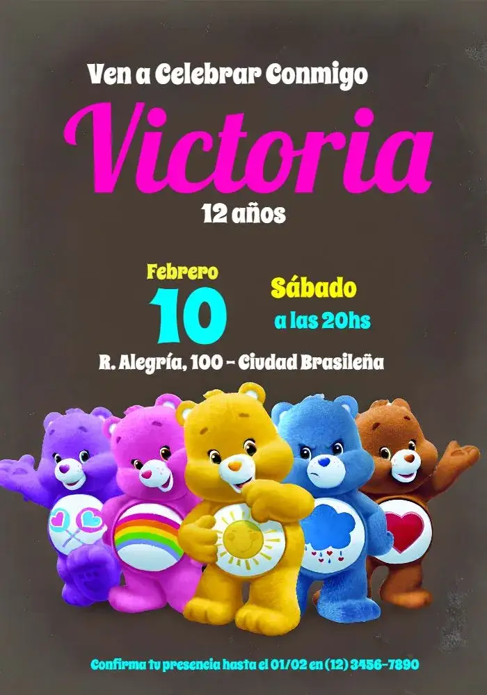 Invitación Os Ositos Cariñosos Care Bears – tema Cumpleaños Infantil colorido, lúdico, infantil, divertido, 3D, temático