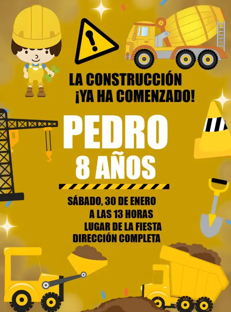 Invitación Construcción Niño – tema Té Rifa construcción, moderno, infantil, colorido, temático