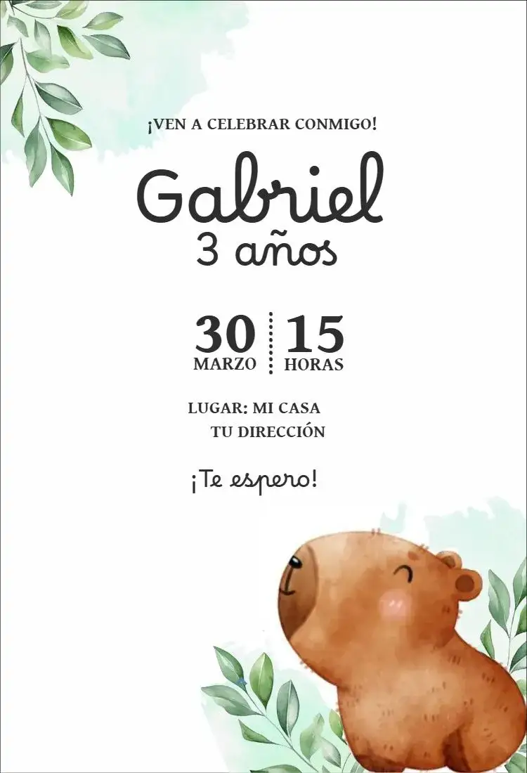 Invitación Capibara niño 1 – tema Cumpleaños colorido, divertido, lúdico, infantil, natureza, animales