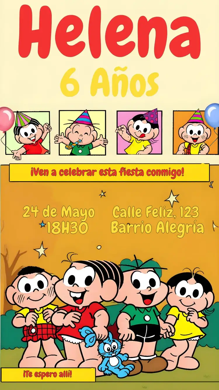 Invitación Turma Da Mónica Magali – tema Cumpleaños Infantil colorido, infantil, divertido, ilustraciones, dibujos animados, fiesta temática