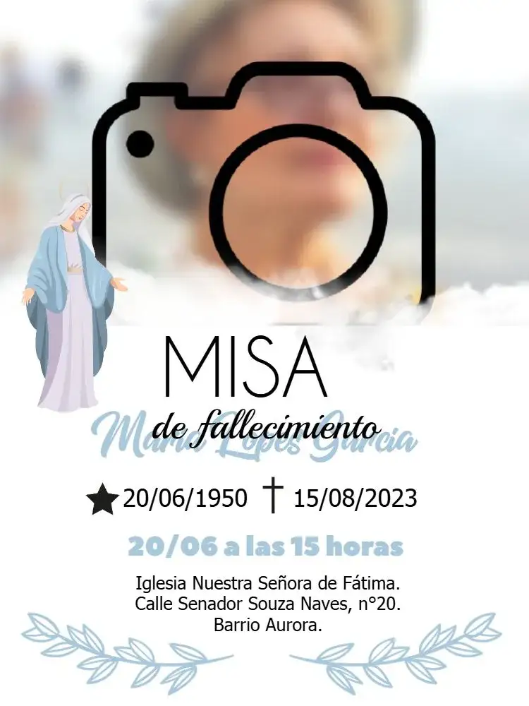 Invitación Misa De Fallecimiento Séptimo Día Con Foto Alas – tema Bautismo suave, azul y blanco, ángeles, minimalista, religioso