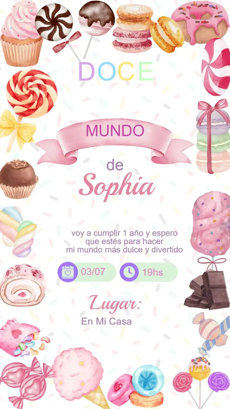 Invitación Cumpleaños Infantil Mundo Dulce