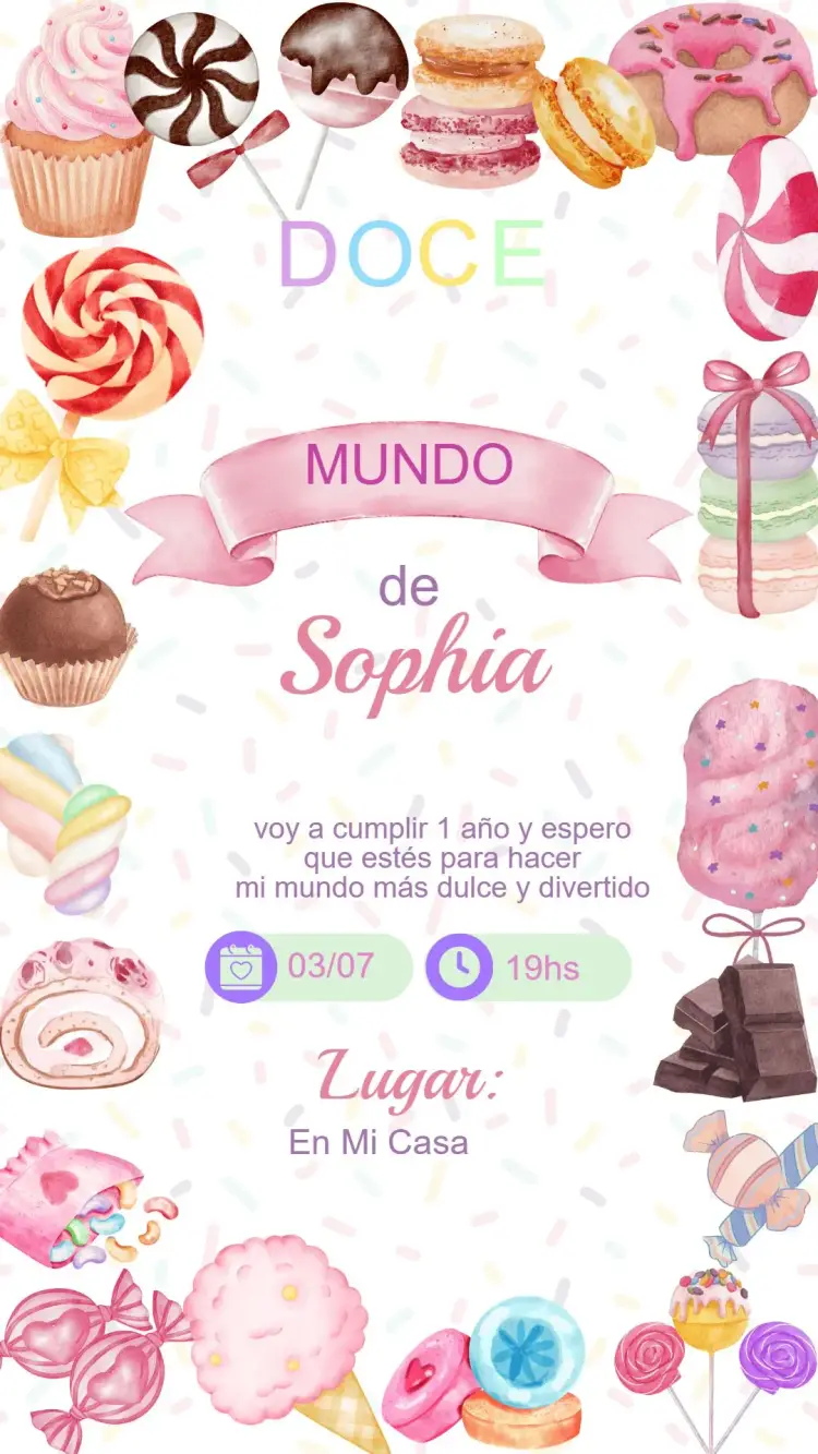 Invitación Cumpleaños Infantil Mundo Dulce