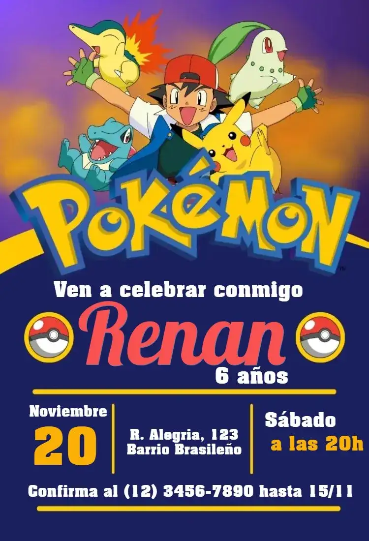 Invitación Pokemon – tema Cumpleaños Infantil colorido, divertido, moderno, ilustrativo, temático, lúdico