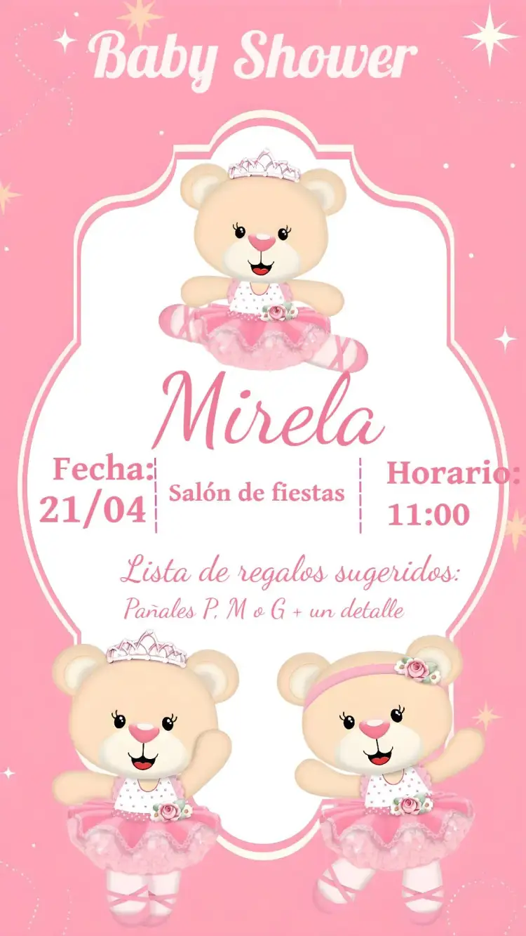 Invitación Baby Shower Osito Bailarina Bebé – tema Baby Shower rosa, bailarina, lúdico, infantil, delicado