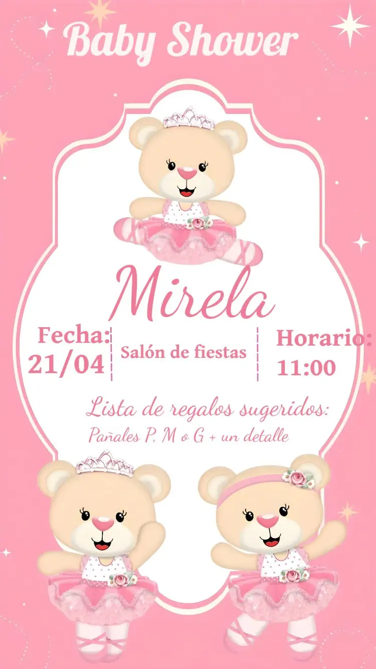 Invitación Baby Shower Osito Bailarina Bebé