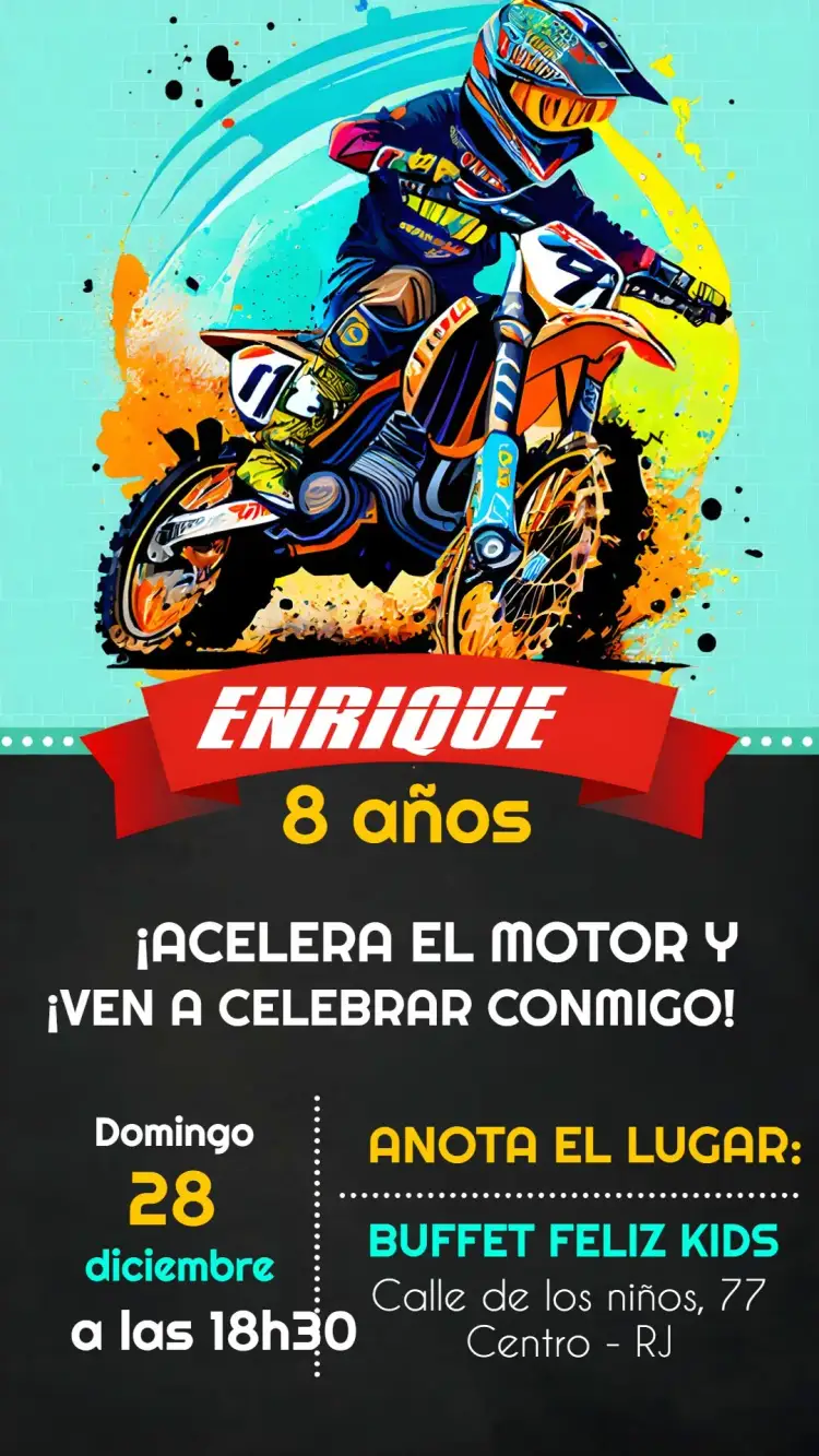 Invitación Motocross – tema Más buscados azul, moderno, deportivo, adrenalina, motos, temático