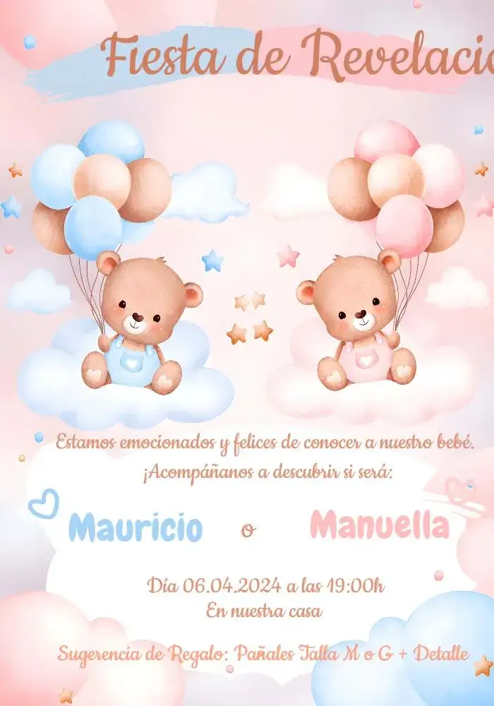 Invitación Chá Revelación Ositos Globos Rosa – tema Cumpleaños Infantil rosa, azul, tierno, delicado, infantil