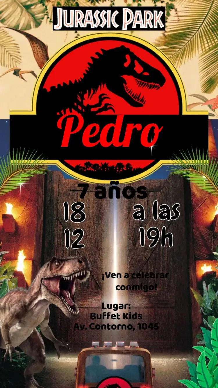 Invitación Jurassic Park – tema Cumpleaños Infantil dinosaurios, aventura, prehistórico, colorido, divertido, temático