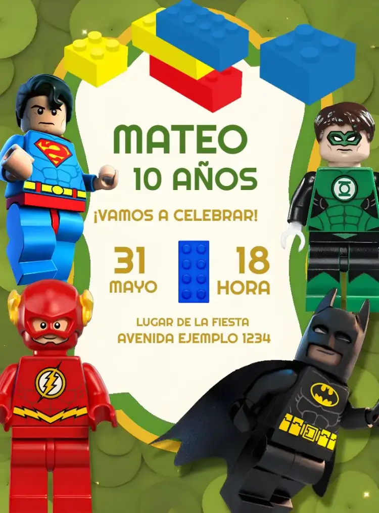 Invitación Lego Héroes Hombre – tema Más buscados azul, moderno, divertido, temático, infantil
