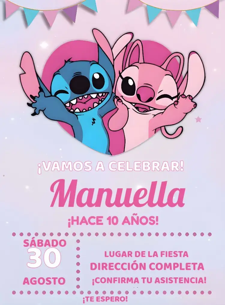 Invitación Stitch Y Angel Rosa – tema Más buscados rosa, divertido, infantil, Disney, ilustraciones adorables