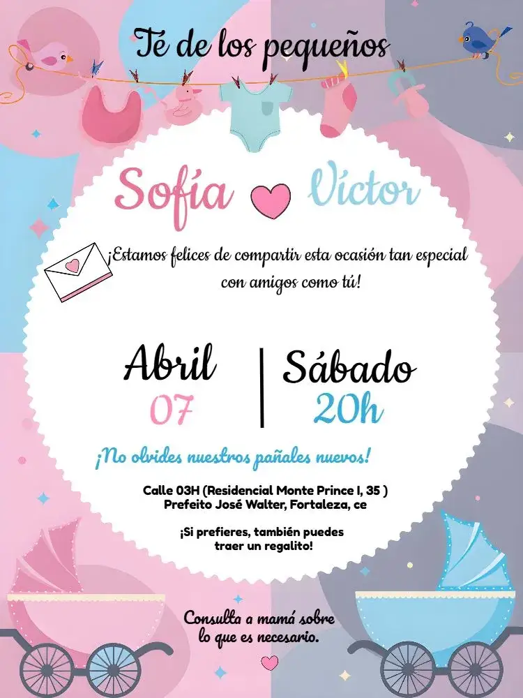 Invitación Baby Shower Rosa y Azul Corazón – tema Más buscados rosa y azul, corazón, pájaros, marco delicado, ilustraciones infantiles, estilo moderno