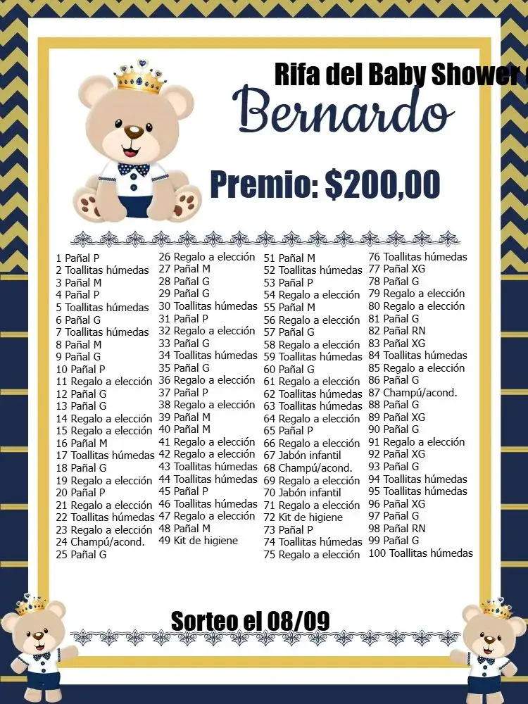 Invitación Cartel Para Té Rifa Osito Príncipe Regalo – tema Té Rifa azul, dorado, blanco, negro, infantil, tierno