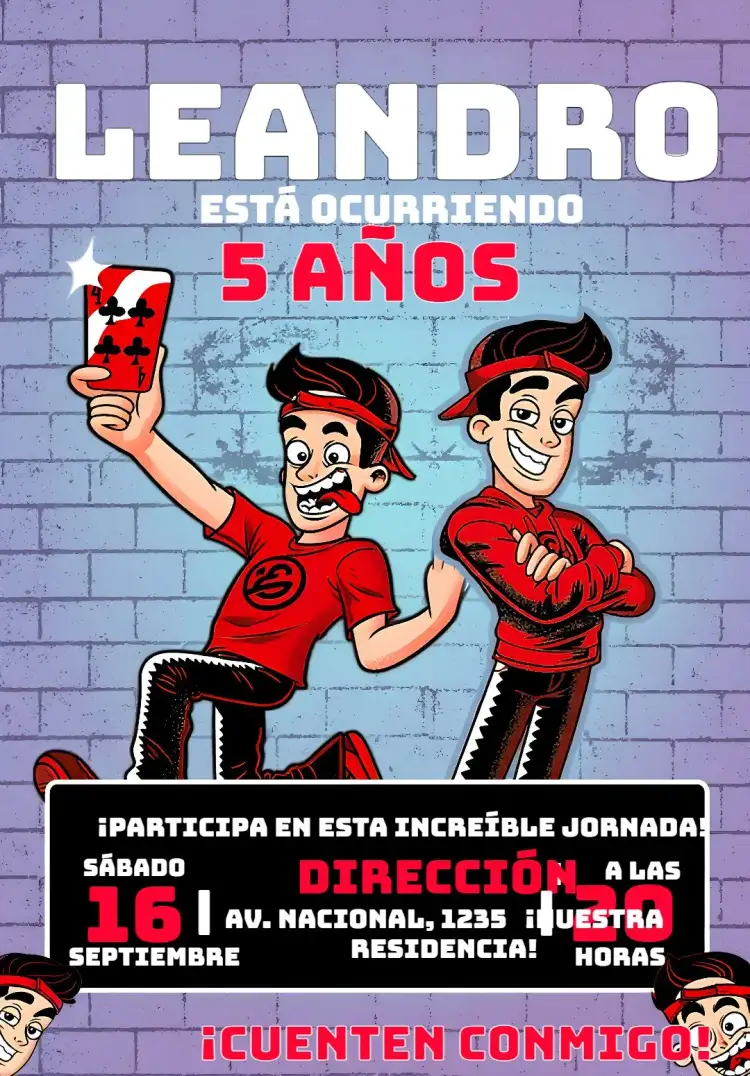 Invitación Enaldinho Rojo – tema Más buscados rojo vibrante, divertido, moderno, juvenil, inspirado en youtuber, colorido