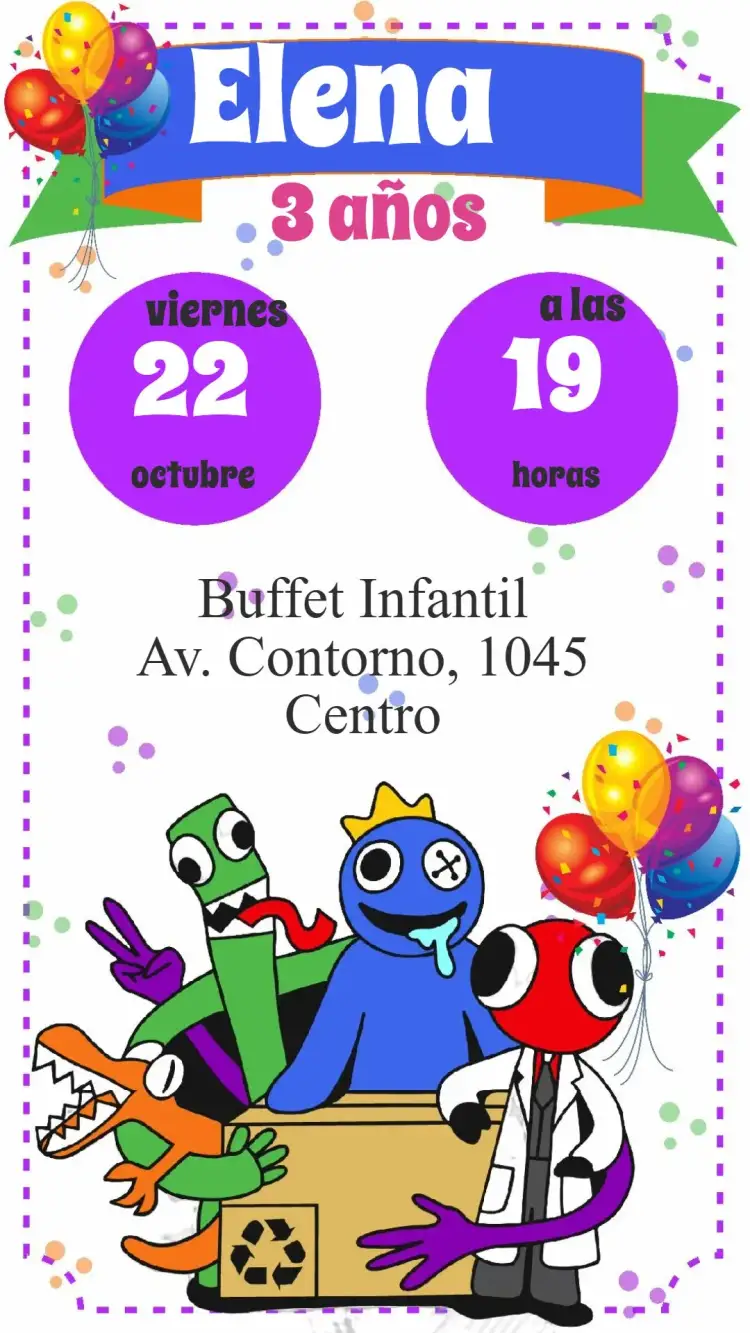 Invitación Rainbow Friends – tema Cumpleaños colorido, divertido, infantil, moderno, lúdico