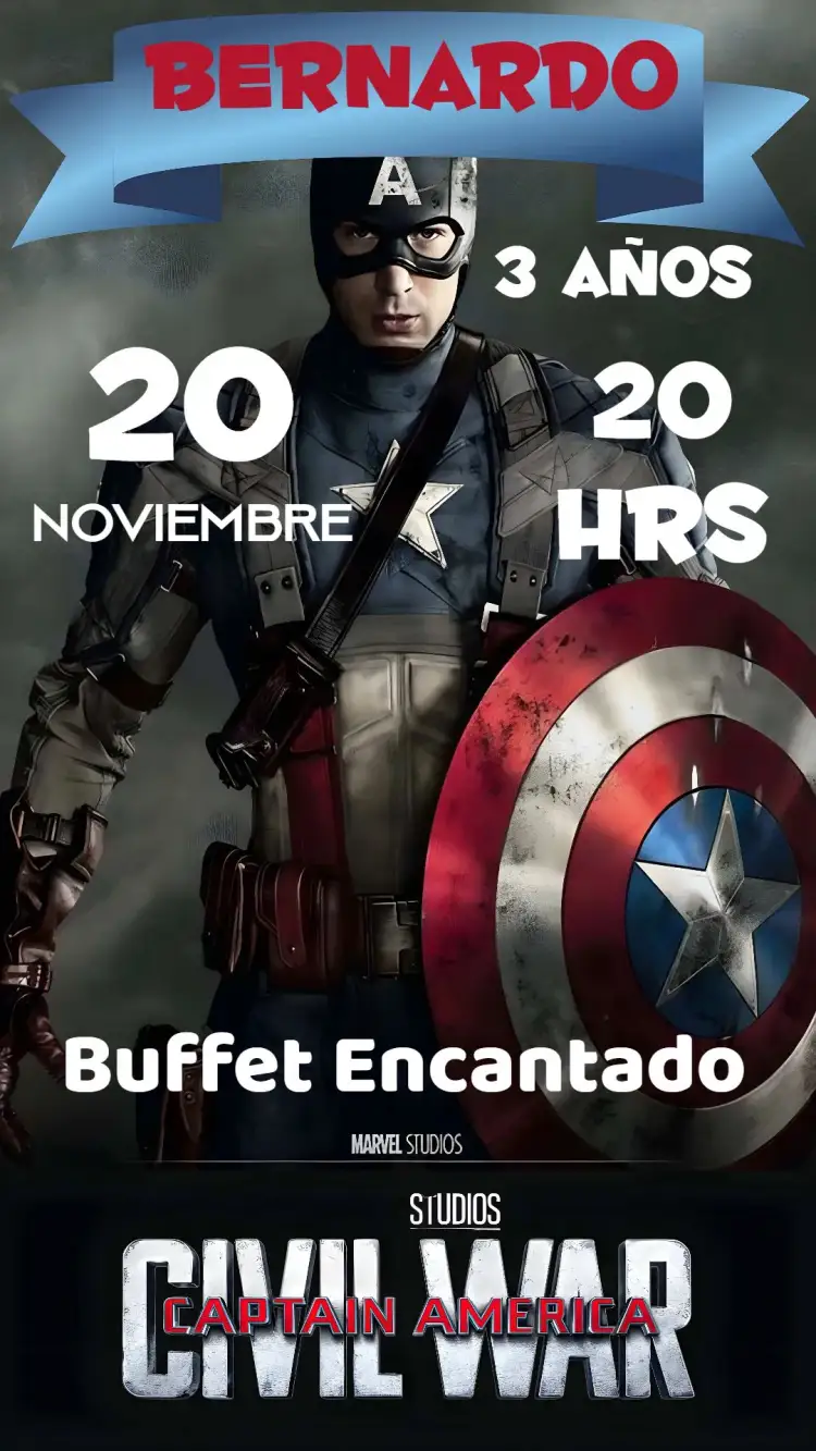 Invitación Capitán América – tema Cumpleaños Infantil superhéroes, vibrante, colorido, moderno, divertido