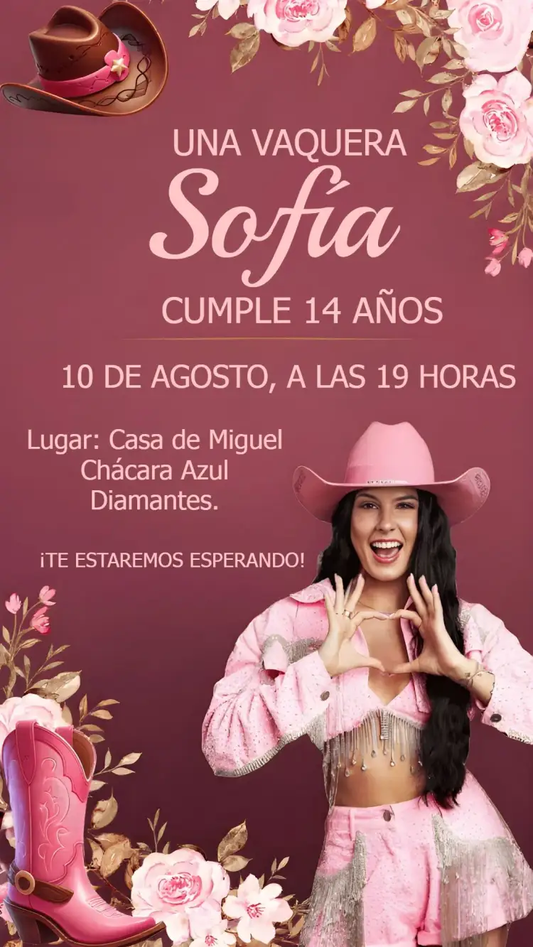 Invitación Boiadeira Ana Castela Adolescente – tema Más buscados floral, rosa, dorado, moderno, alegre, divertido