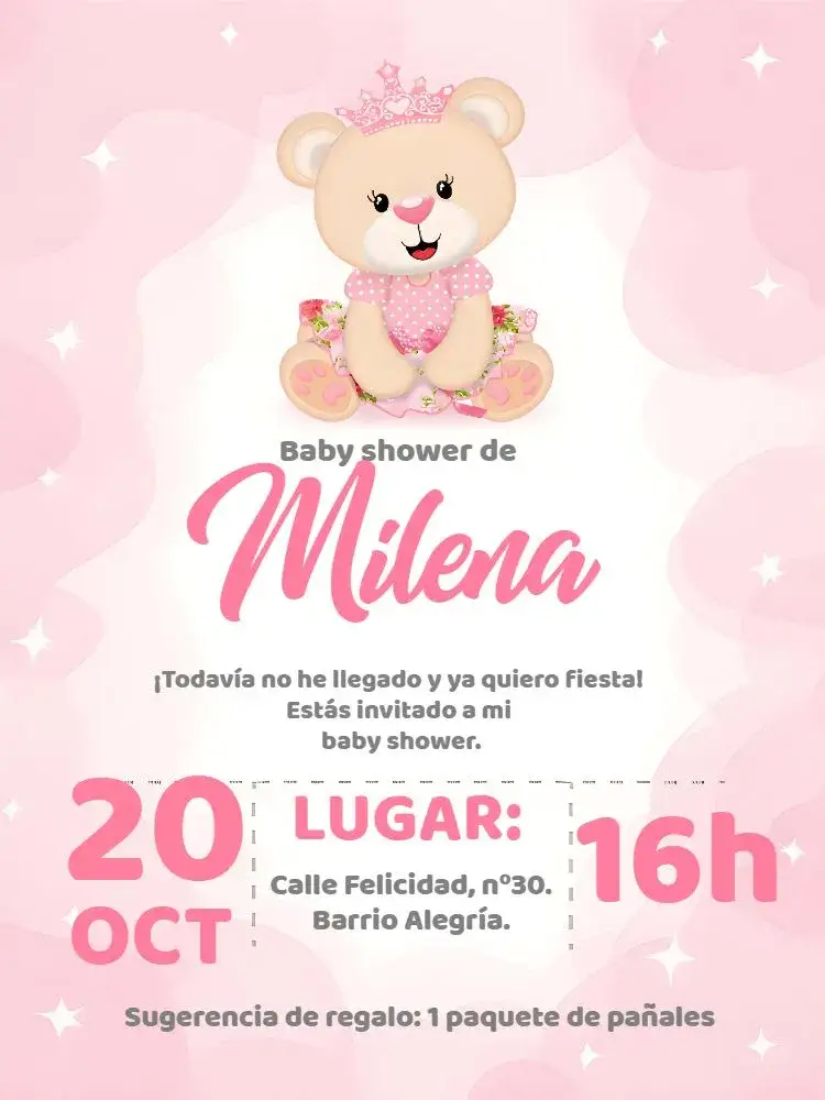 Invitación Baby Shower Oso Princesa Rosa – tema Baby Shower rosa y blanco, infantil, delicado, princesa, tierno, corazones