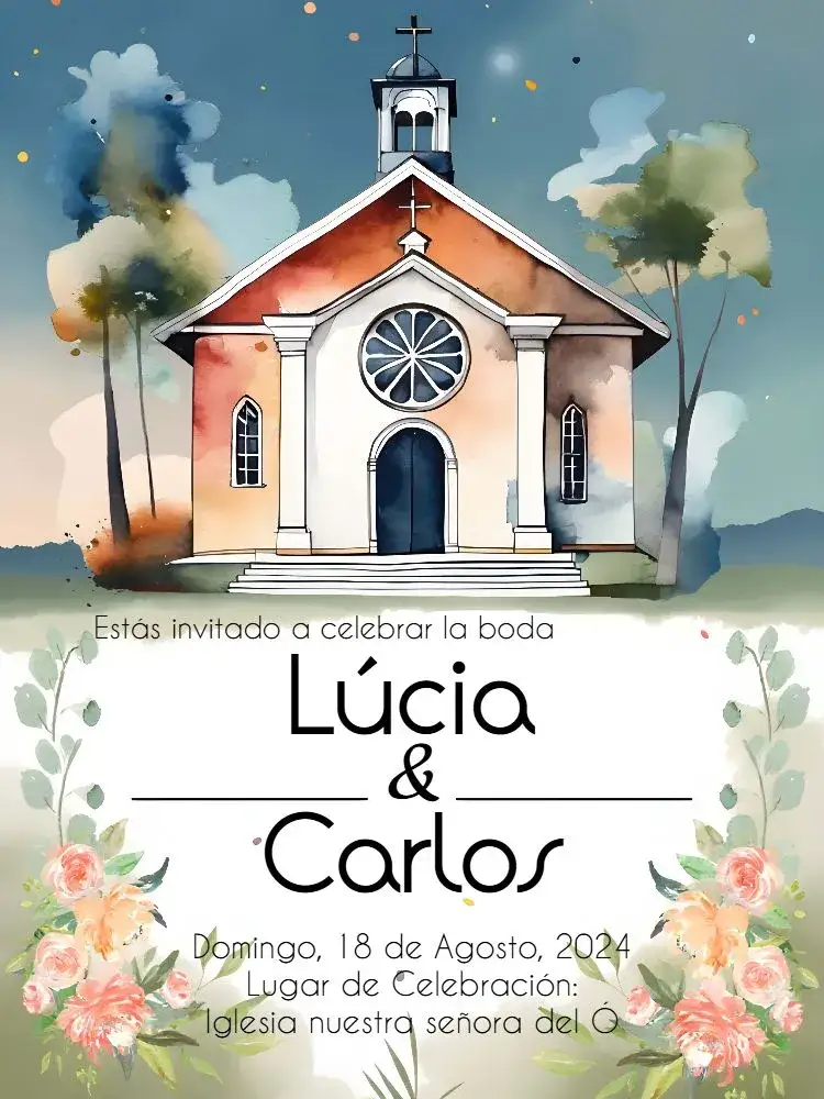 Invitación Boda Acuarela Iglesia Rosa – tema Bautismo acuarela, floral, romántico, moderno, delicado, minimalista