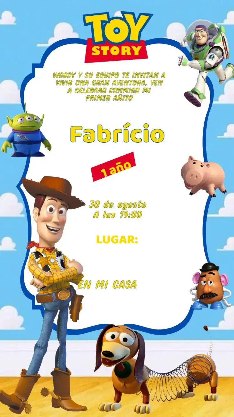 Invitación Invitación Cumpleaños Toy Story – tema Cumpleaños Infantil colorido, divertido, ilustraciones de personajes, estilo de dibujo animado, tema de aventura, fiesta temática