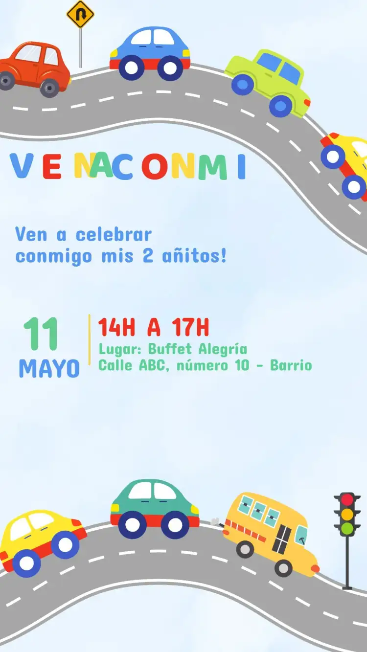 Invitación Invitación Cumpleaños Autos – tema Cumpleaños Infantil colorido, divertido, moderno, ilustraciones de coches, temática de velocidad, estilo alegre