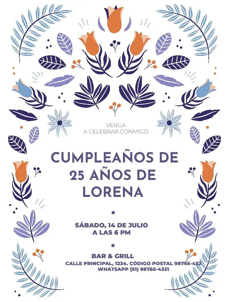 Invitación Femenino Adulto Claro Floral Delicado – tema Cumpleaños Infantil floral, claro, delicado, azul, moderno, elegante