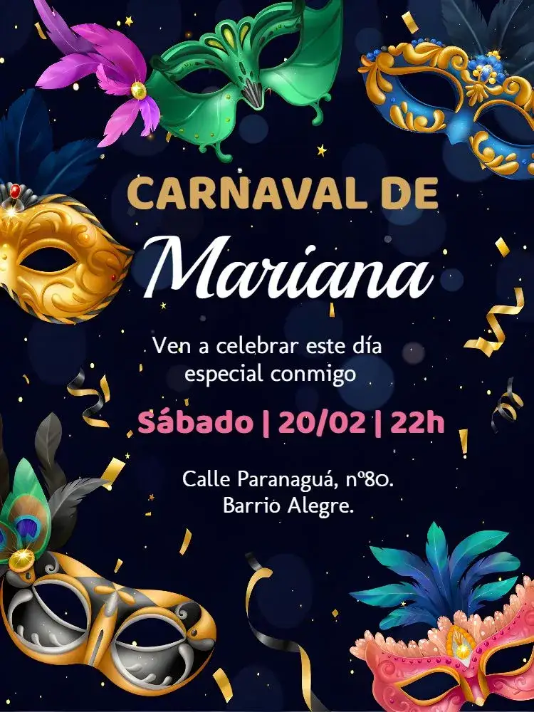 Invitación Cumpleaños Carnaval Bloquinho – tema Fechas Conmemorativas carnaval, colorido, festivo, moderno, brilhante